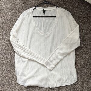 White V-Neck Textured Soft Long Sleeve